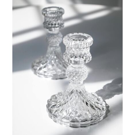 Juego de 2 candelabros cónicos de vidrio transparente de 10 cm de alto para velas de 2 cm de diámetro. Candelabro decorativo de cristal para mesas de boda, comedores y fiestas.