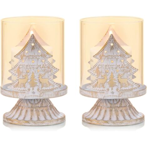 Juego de 2 candelabros de metal blanco, candelabros de pilar (árbol), candelabros desgastados por huracanes, piezas de recuerdo para la decoración de la mesa de Navidad, repisa y chimenea, blanco