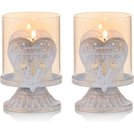Juego de 2 candelabros de metal blanco con forma de corazón, con efecto desgastado por el huracán, ideales para decorar la mesa navideña, la repisa y la chimenea.