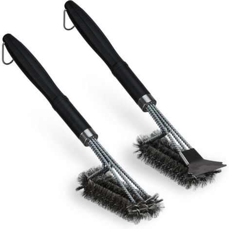Juego de 2 cepillos triples para barbacoa, raspador para uno de los cepillos, cerdas de acero inoxidable, color negro.
