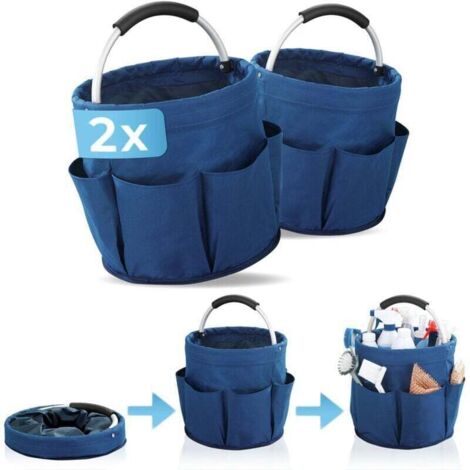 Juego de 2 cestas de almacenamiento multiusos: cesta para herramientas, bolsa de aseo, 6 bolsillos, plegable con asa de transporte acolchada, juego de 2, poliéster, azul, 28 cm de diámetro x 54 cm de 