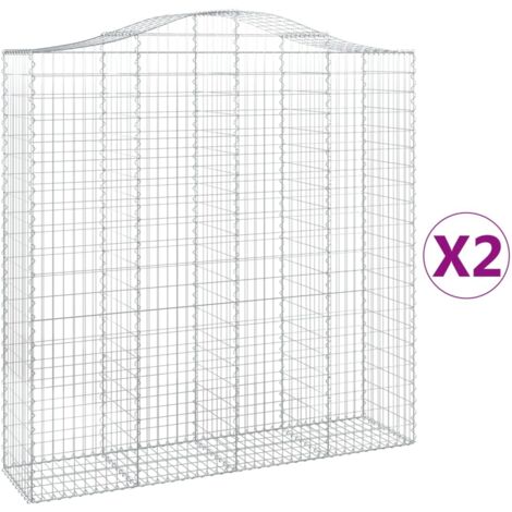 Juego de 2 cestas de gaviones, valla de jaula, muro de contención arqueado, 200 x 50 x 200/220 cm, hierro galvanizado, Plata 020041354