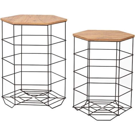 Juego de 2 cestas de metal hørsholm con bandeja hexagonal extraíble negro / efecto madera 030008549