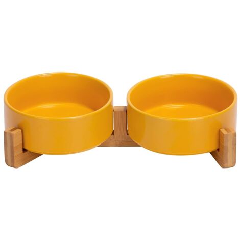 Juego de 2 comederos ortopédicos dobles para gatos con base de madera antideslizante, de cerámica, 13 cm, color amarillo