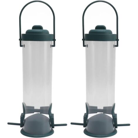 Juego de 2 comederos tubulares para pájaros, abertura de 6,5 cm de ancho, comedero colgante de plástico transparente para pinzones, decoración de jardín con 2 orificios de ventilación y 2 puertos para