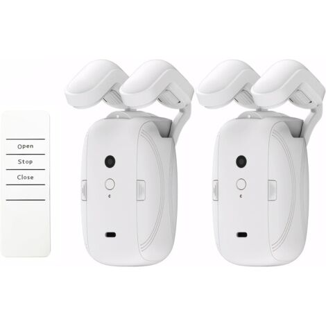 Juego de 2 dispositivos electrónicos automáticos para la apertura de persianas romanas. Fácil instalación mediante control remoto. No es necesario cambiar varillas ni recablear. Funciona con pilas.