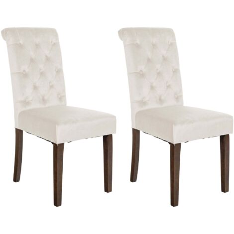 Juego de 2 elegantes y cómodas sillas de comedor tapizadas en terciopelo crema con estructura de madera marrón oscuro 100007621