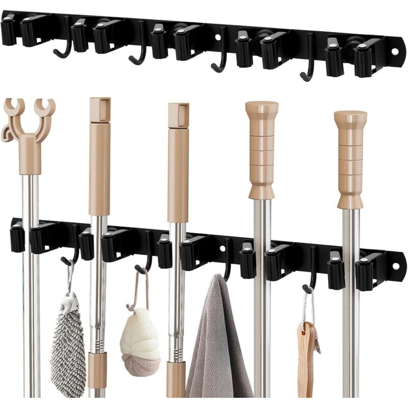 Juego de 2 escoberos de pared de acero inoxidable con 5 soportes + 4 ganchos, portaescobas, portaherramientas de pared para jardín, balcón, baño,