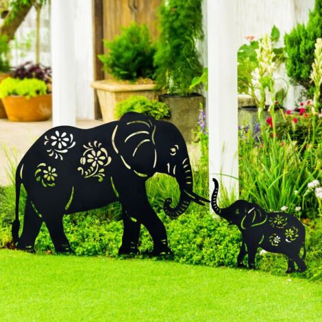Juego de 2 estacas decorativas de metal en forma de elefante para jardín, patio, césped y decoraciones al aire libre para los amantes de los elefantes.