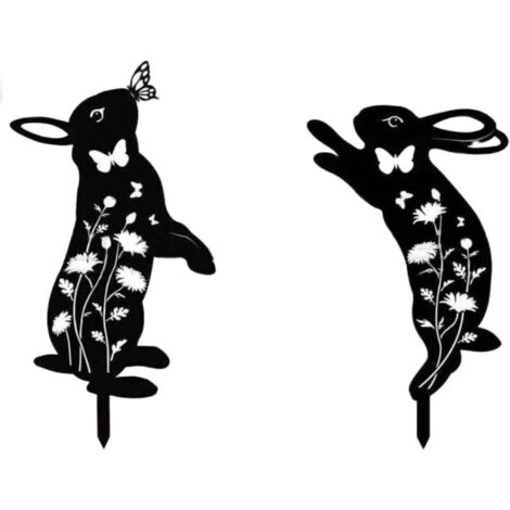 Juego de 2 estacas metálicas para jardín - Estatua de animal negro - Decoración de jardín - Conejo