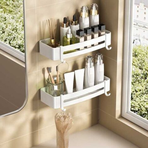 Juego de 2 estantes de baño de aluminio con ganchos, 33×15×6 cm, no requiere taladro, almacenamiento práctico.