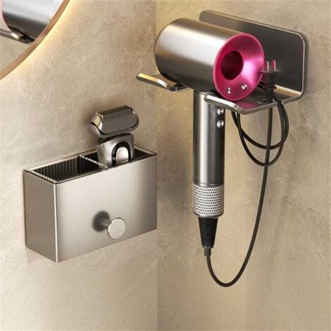 Juego de 2 estantes de baño de pared + soporte para secador de pelo, 13 × 5 × 8 cm, fácil instalación, no requiere taladrar.