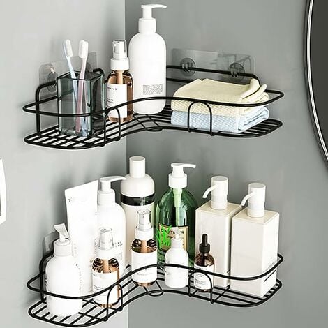 Organizador de estante de ducha (paquete de 2) con 2 jaboneras, accesorios  de baño negros adhesivos con ganchos, accesorios de almacenamiento de ducha