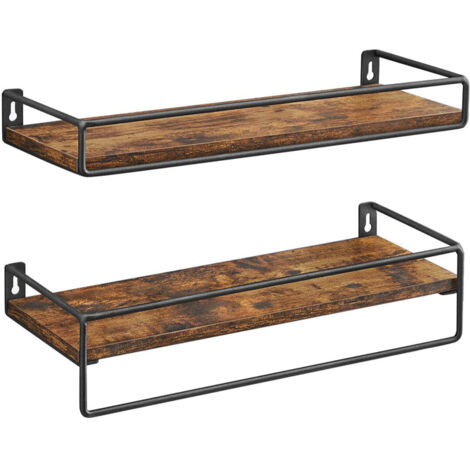 Juego de 2 estantes de pared estantes colgantes con barra para colgar almacenamiento flotante para cocina dormitorio sala de estar marrón rústico y negro 120006221