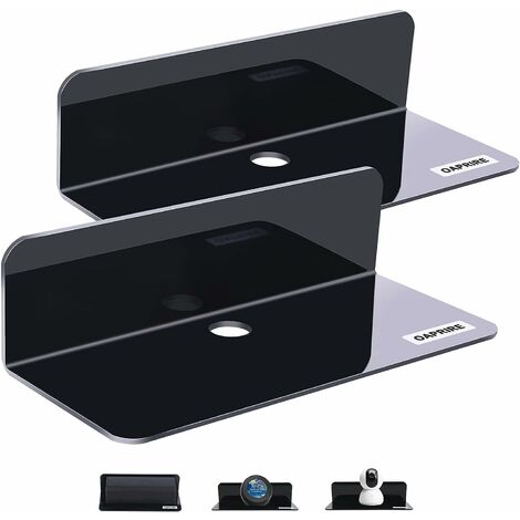 Juego de 2 estantes de pared negros, espacio de pared expandible sin daños - Estantes de pared de acrílico de 22,9 cm para altavoz inteligente, figuras de acción, cámara, con 4 clips para cables