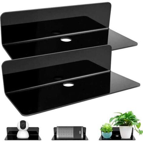 Juego de 2 estantes de pared negros, no requieren perforación, estantes flotantes, fácil de usar para ampliar el espacio de la pared, acrílico con clips para cables.