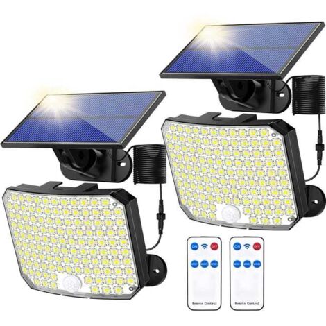 Juego de 2 focos solares con 180 LED, detector de movimiento y mando a distancia, focos de seguridad impermeables IP65.