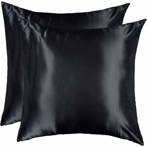 Juego de 2 fundas de almohada de satén de 60 x 60 cm, suaves, elegantes y cuadradas, con cremallera, para el hogar y el hotel, color negro.