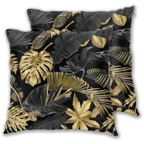 Juego de 2 fundas de cojín 45x45 cm, hojas tropicales doradas y negras sobre fondo oscuro, fundas de almohada decorativas con cremallera invisible