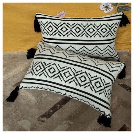 Juego de 2 fundas de cojín blanco/negro de 30x50cm, funda de cojín decorativa de terciopelo para sofá con borla, sin relleno, con cremallera oculta, para coche, salón, dormitorio