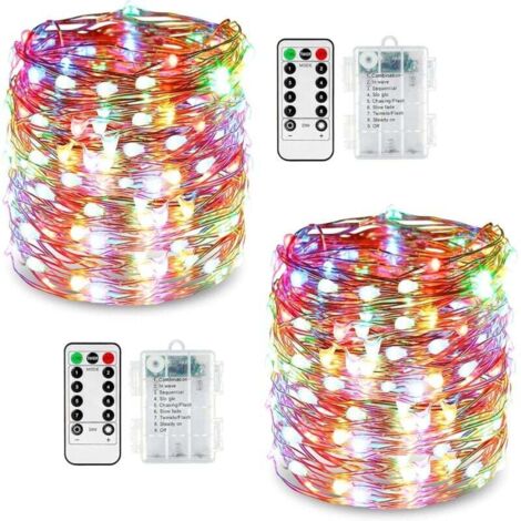Juego de 2 guirnaldas de luces LED de 10 m, 100 W, 8 modos de iluminación, funciona con pilas, cable de cobre, IP67 resistente al agua, con mando a distancia y temporizador para iluminación exterior e