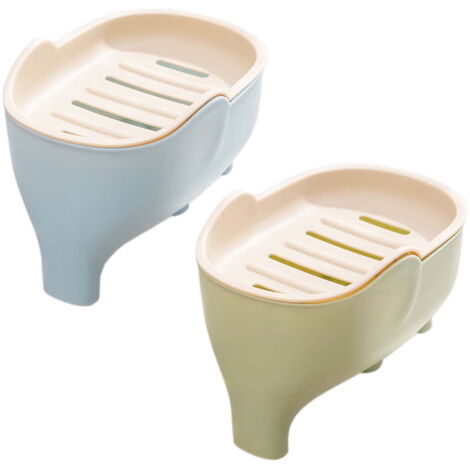 Juego de 2 jaboneras autolimpiables con bandeja recogegotas y soporte para esponja para fregadero de cocina, bonito diseño de elefante, de plástico, azul y verde.