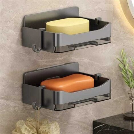 Juego de 2 jaboneras de pared para baño con desagüe, práctico estante de almacenamiento de 13,3 × 8,3 × 4,1 cm, fácil instalación.