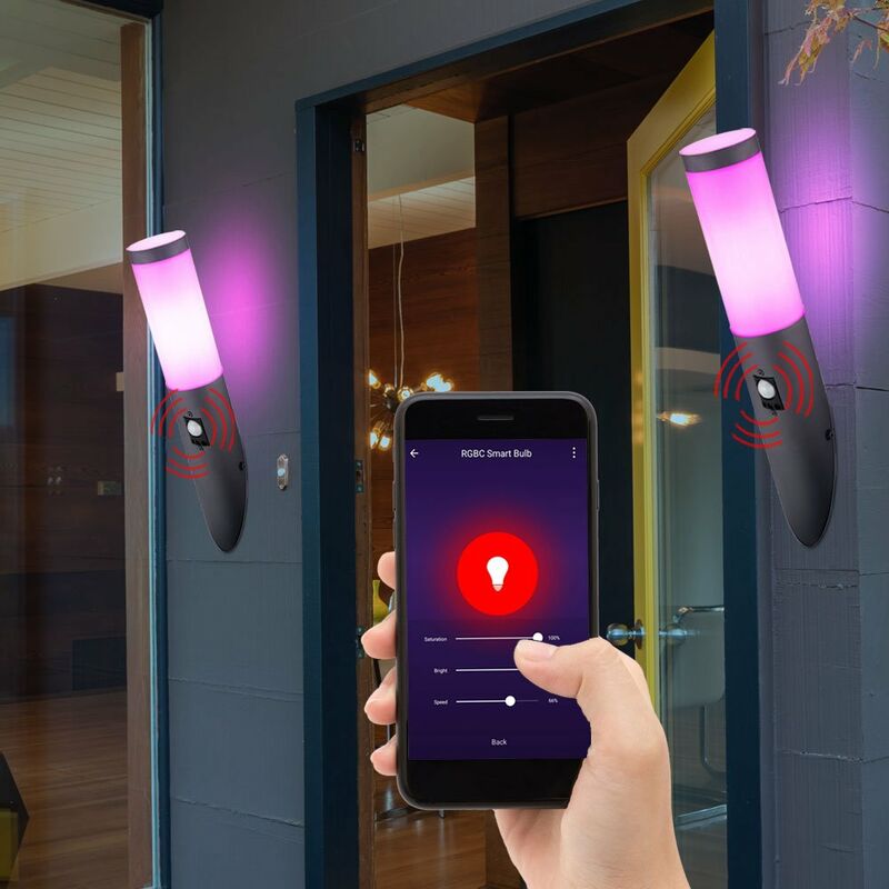 

Juego de 2 lámparas de jardín con sensor de control de voz para apliques de pared para exteriores regulables en un juego que incluye lámparas LED RGB