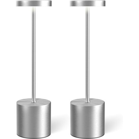 Juego de 2 lámparas de mesa recargables, lámparas de escritorio LED portátiles, lámparas de mesa inalámbricas con iluminación regulable en 3 colores (plateado).