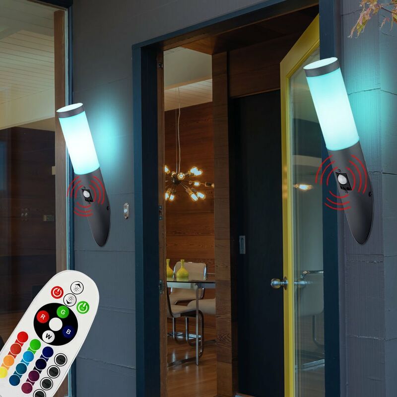 

Juego de 2 lámparas de pared Linterna de jardín de acero inoxidable CONTROL REMOTO luces regulables en un juego que incluye bombillas LED RGB