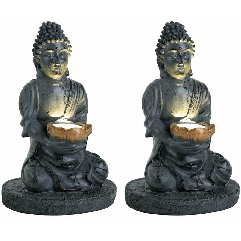 

Juego de 2 lámparas solares LED para jardín, cama de flores, figura de Buda, iluminación de camino, decoración gris IP44