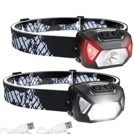 Juego de 2 linternas frontales LED recargables, 300 lúmenes – 6 modos de iluminación, IPX4 – Ideal para camping, senderismo, bricolaje, ciclismo