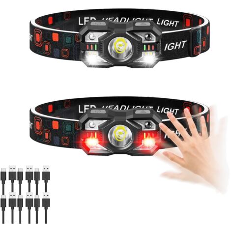Juego de 2 linternas frontales recargables, 3000 lúmenes, linterna frontal ultrabrillante con luz blanca y roja, sensor de movimiento, 5 + 5 modos para acampar y pescar.