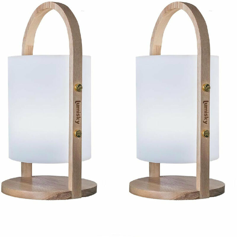 

Juego de 2 linternas sin cable Diseño escandinavo mango de madera natural LED blanco cálido/blanco regulable WOODY H37cm