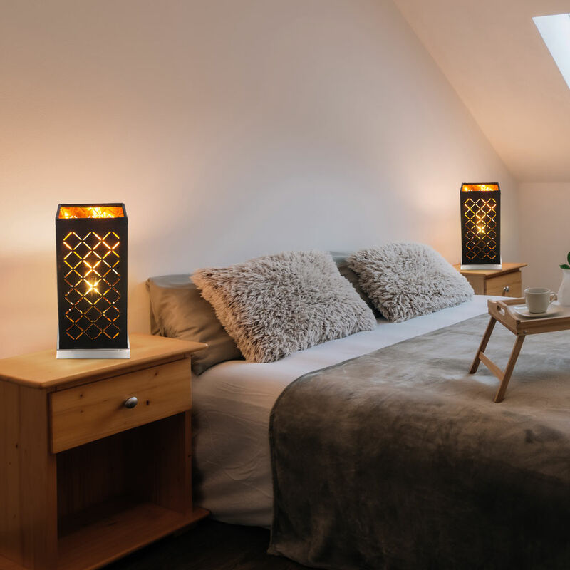 

Juego de 2 luces de sobremesa iluminación de salón decoración perforaciones lámparas textiles negro oro