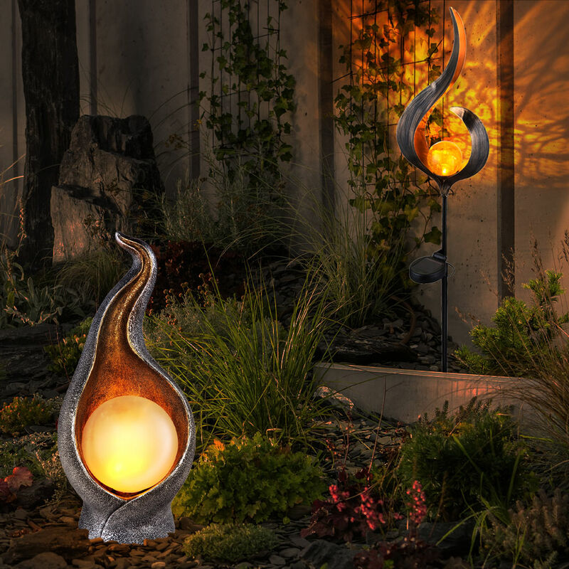 

Juego de 2 luces LED enchufes solares exteriores porche jardín decoración llamas lámparas plata oro