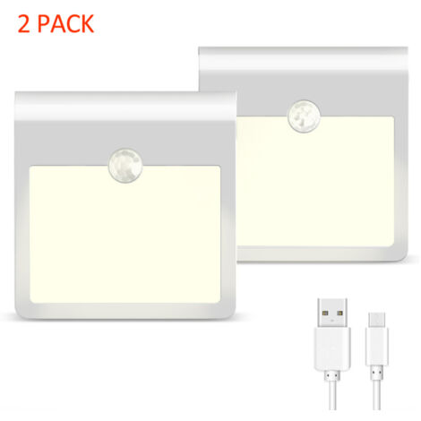 Juego de 2 luces nocturnas recargables por USB con sensor de movimiento (12 LED), para pegar en un armario o en una pared (pared, escaleras, vestidor, pasillo), con sensor crepuscular y brillo ajustab