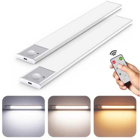 Juego de 2 luces para debajo de armarios con mando a distancia y sensor de movimiento, luz de armario recargable regulable de 30 cm, 3 colores.