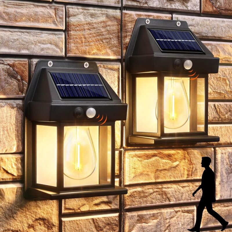 Juego de 2 luces solares de pared para exteriores, lámparas solares con sensor de movimiento de anochecer a amanecer, impermeables, 3 modos de