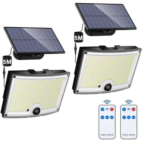 Juego de 2 luces solares para exteriores, luces solares de 202 LED con sensor de movimiento, apliques solares impermeables con cable de 5 m.
