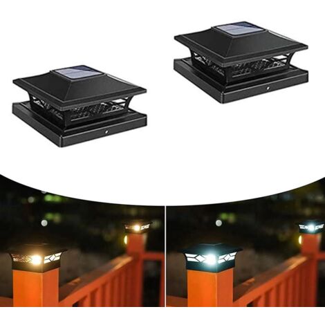 Juego de 2 luces solares para postes, 2 modos LED para postes, luces solares impermeables IP65 para postes de madera de 3,5x3,5 y 4x4 pulgadas, blanco cálido + blanco frío [Clase energética E]
