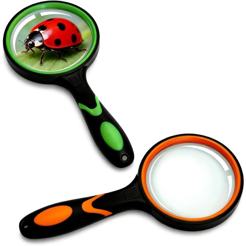 Juego de 2 lupas de mano de 75 mm, lupa de lectura con lentes irrompibles, mango ergonómico y antideslizante, ideal para ampliación, lectura y