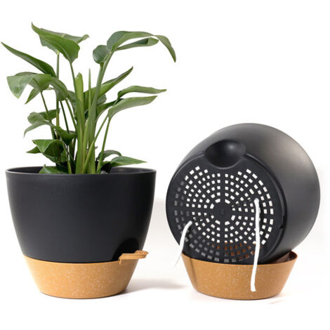 Juego de 2 macetas de plástico PP con autorriego, con desagüe y plato, aptas para plantas de interior y exterior, macetas decorativas (negras, 16,5 cm).