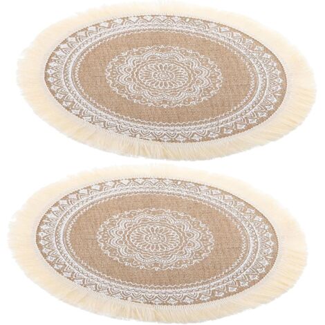 Juego de 2 manteles individuales de algodón y lino con borlas, que incluye posavasos trenzados. Decoración de mesa para bodas.