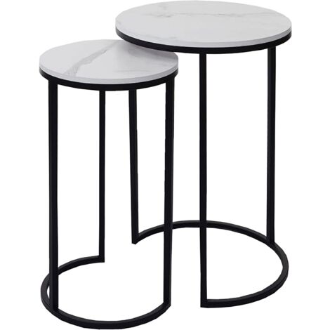 Juego de 2 mesas auxiliares con aspecto de soporte para plantas, mesas auxiliares de mármol MDF blanco y negro TAB04014