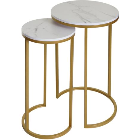 Juego de 2 mesas auxiliares HHG-401, mesa de centro mesilla de noche mesa de salón, MDF efecto mármol, blanco-dorado