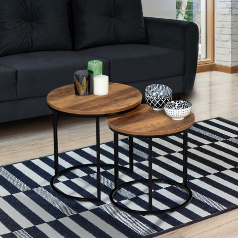 Juego de 2 mesas de centro redondas HAWKINS 40/45 de madera oscura, diseño industrial
