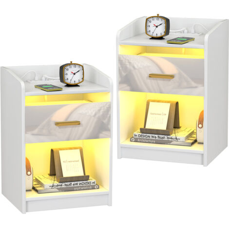 Juego de 2 Mesilla de Noche LED, Mesilla de Noche con Cajón, Estación de Carga con 2 Tomas de Corriente y 2 Puertos USB, Mesa Auxiliar para Dormitorio, Sala de Estar, 40x35x58cm, Blanco