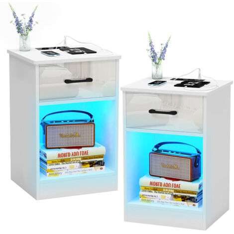 Juego de 2 Mesita de Noche Blancas Brillo,Con Estación de Carga,Luces LED Ajustables,40x35x60cm