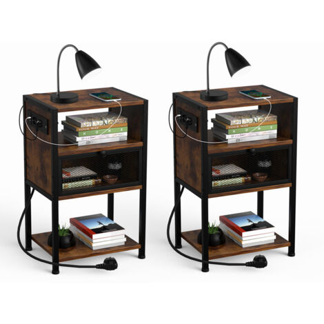 Juego de 2 Mesita de Noche con Enchufe, Mesa Auxiliar con 1 cajón, Dormitorio Estrecha Mesitas de Noche, Organizador para Dormitorio, Sala de Estar